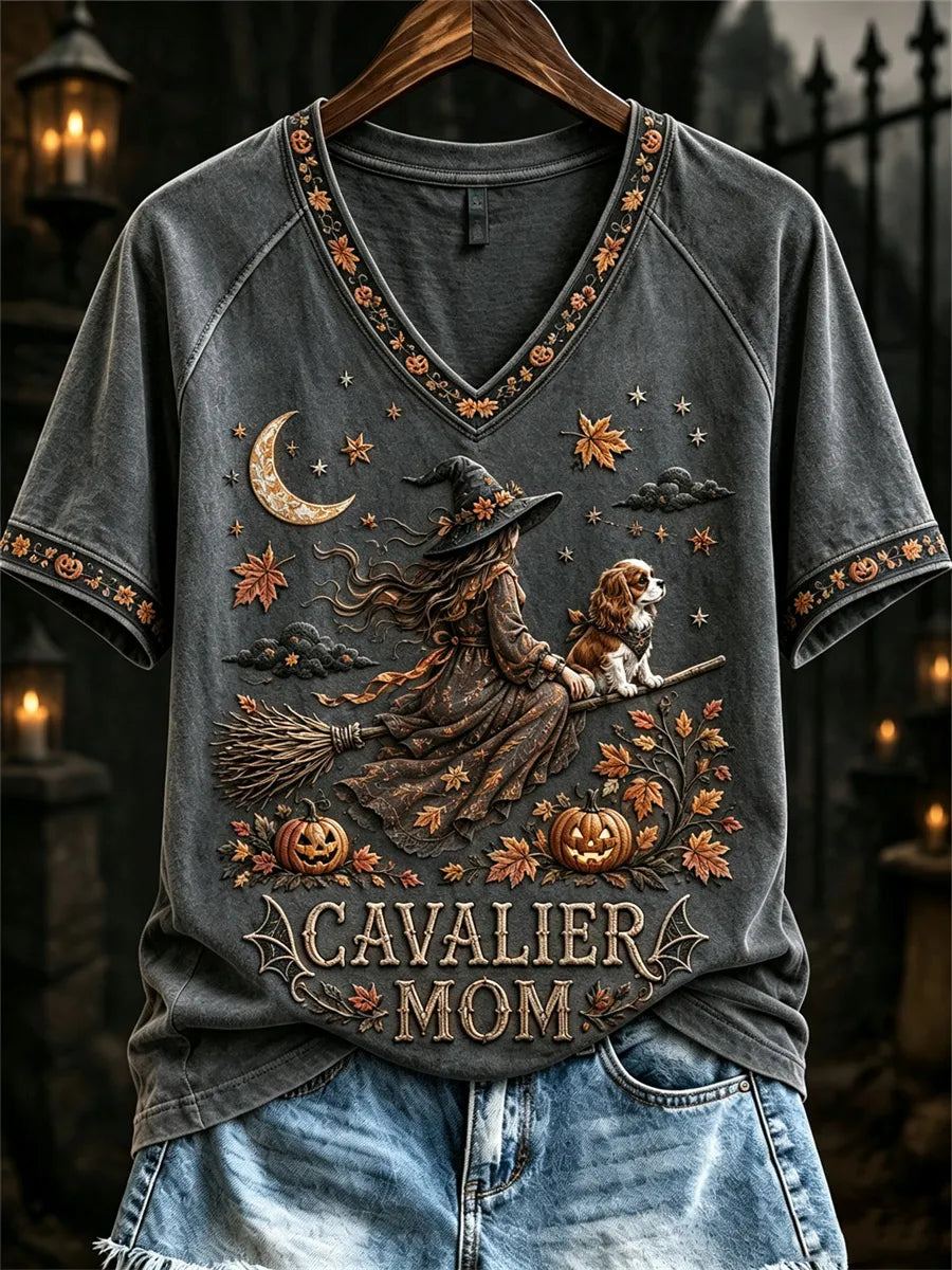 Women's Halloween Fall Cavalier Mom Witch & Dog Print short-sleeved T-shirt