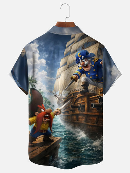 Moisture-Wicking Gradient-Color Dueling Pirates & Sailboats Design  Chest Pocket Hawaiian Shirt
