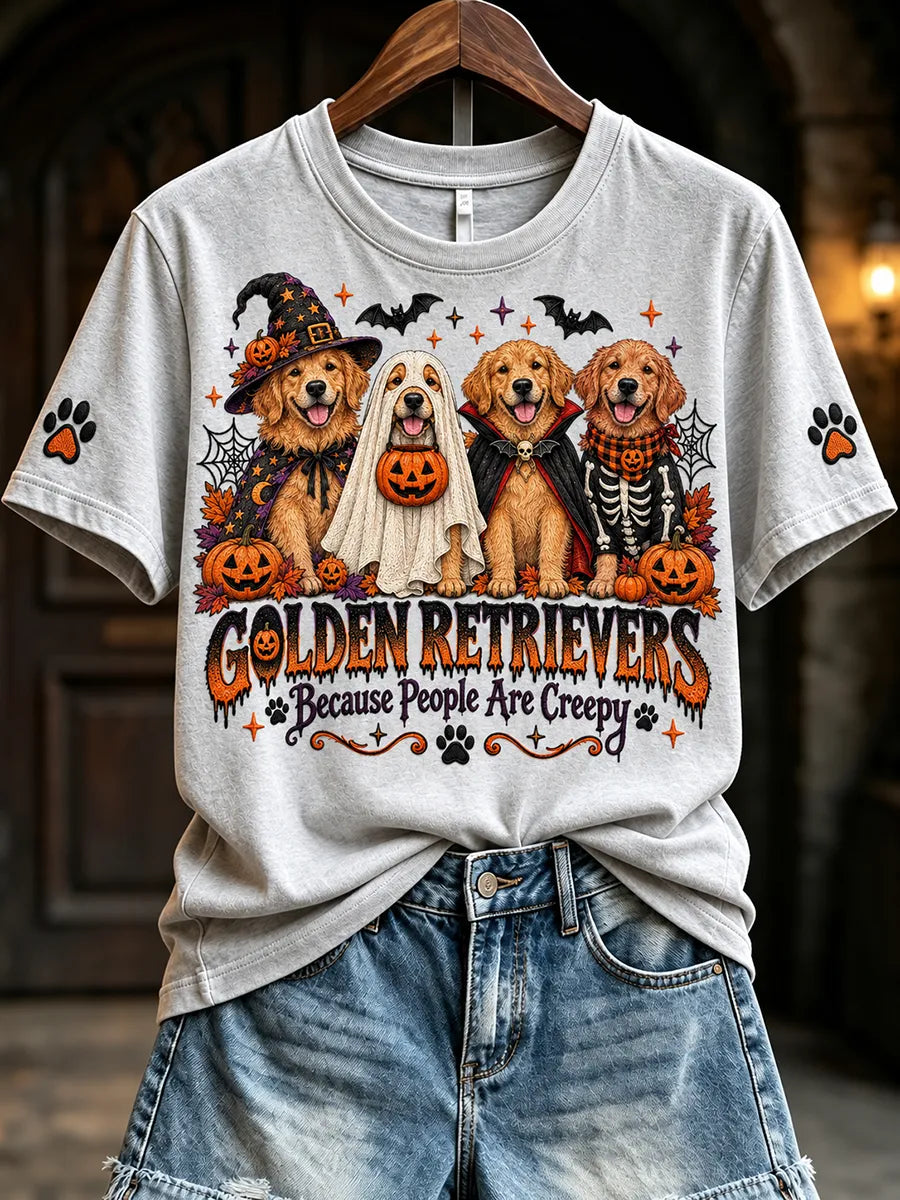 Women's Golden Retrievers Because People Are Creepy Halloween Print Short-sleeved T-shirt