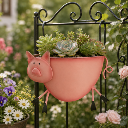 Rustic Farm Animal Metal Fence Planter – Pig, Cow & Rooster Hanging Flower Pot for Garden Decor