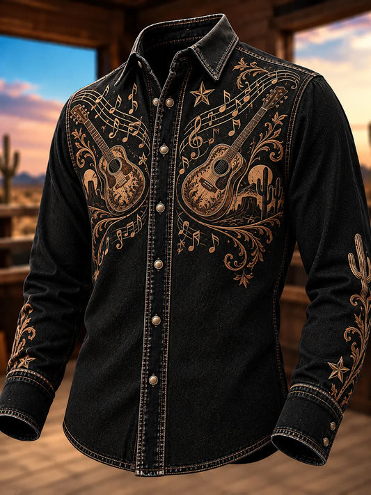Men's Vintage Western Dual Acoustic Guitars With Musical Notes Print Long Sleeve Shirt