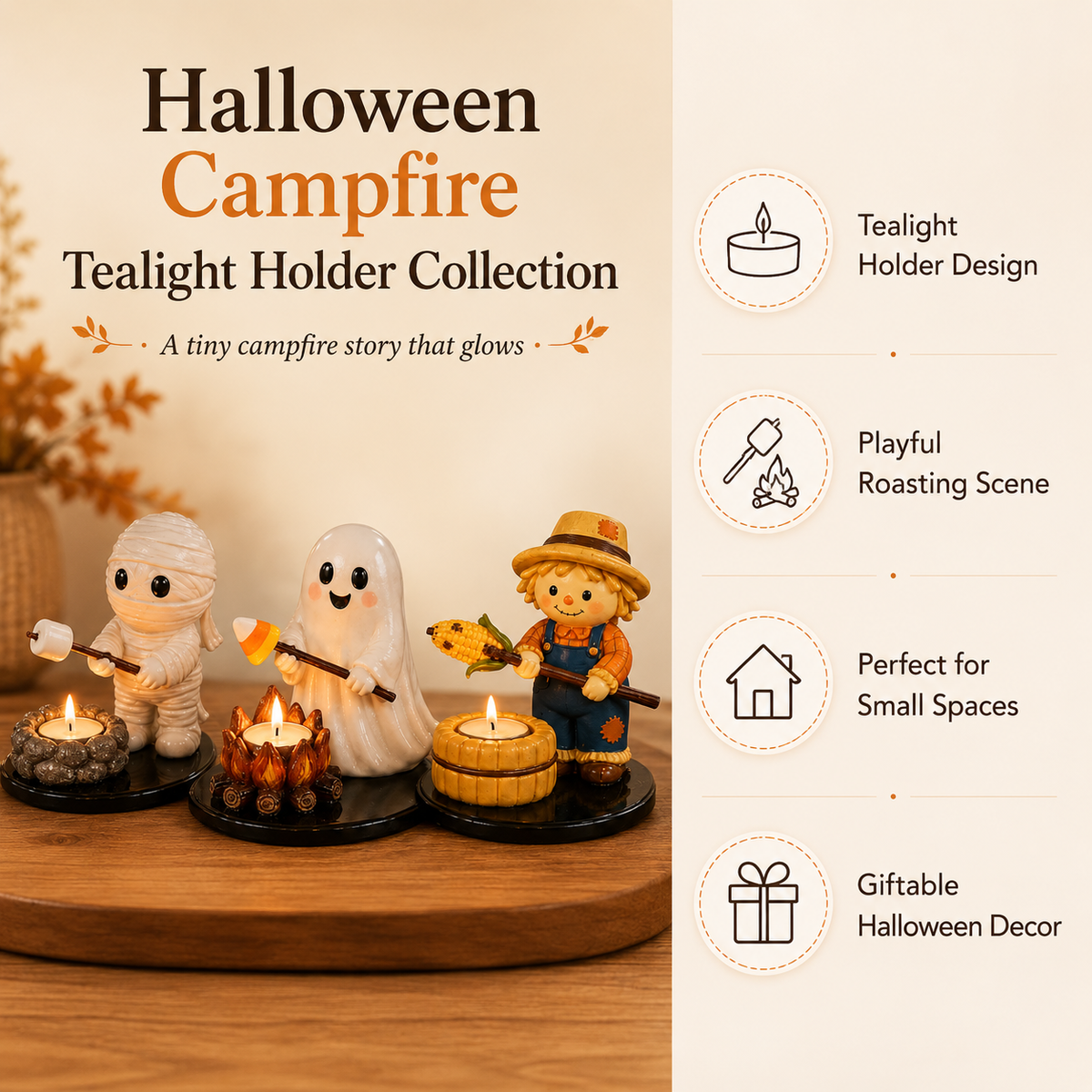 Halloween Campfire Tealight Holder Collection - Cute Ghost, Mummy & Scarecrow Tabletop Decor