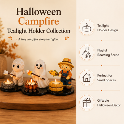 Halloween Campfire Tealight Holder Collection - Cute Ghost, Mummy & Scarecrow Tabletop Decor
