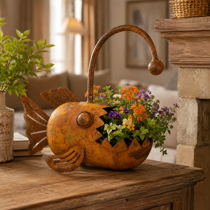 Rustic Metal Fish Planter – Whimsical Anglerfish Flower Pot for Home, Garden & Patio Decor