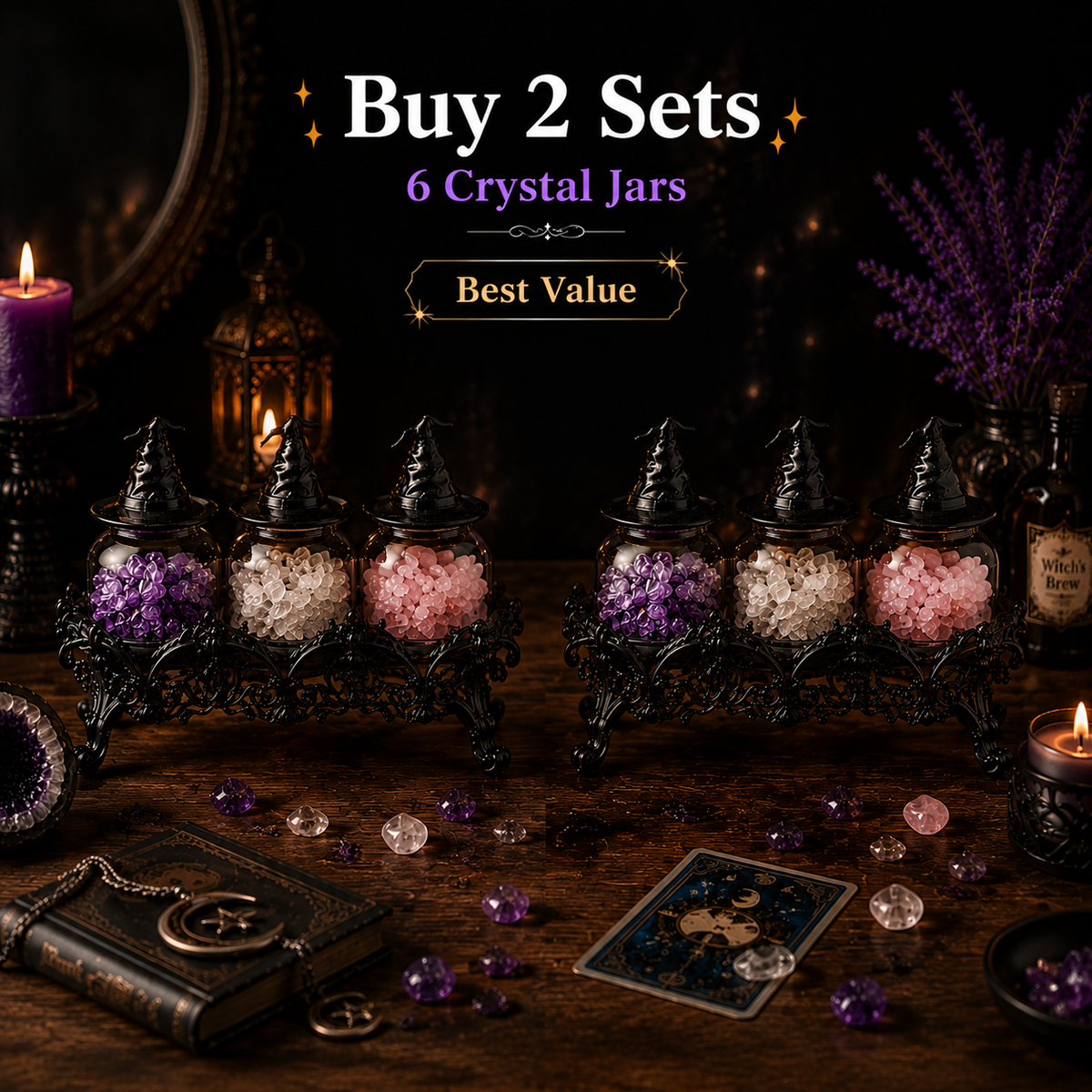 Crystal Apothecary Jar Set with Witch Hat Lids - Gothic Glass Storage Containers for Gemstones, Healing Crystals & Witchy Home Decor