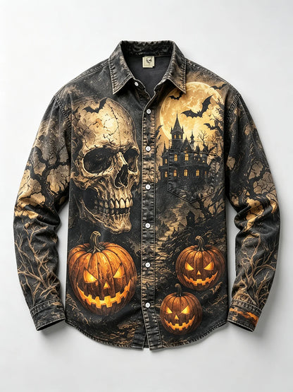 Moisture-Wicking Halloween Castle Pumpkin Skull Bat Print Chest Pocket Long-Sleeve Casual Shirt