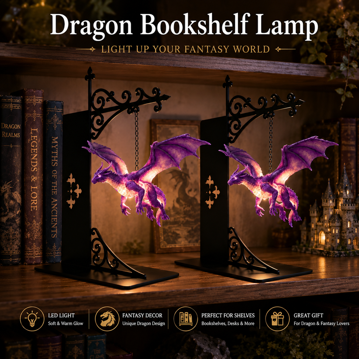 Fantasy Dragon Bookshelf Lamp - The Perfect Gift For Dragon Lovers