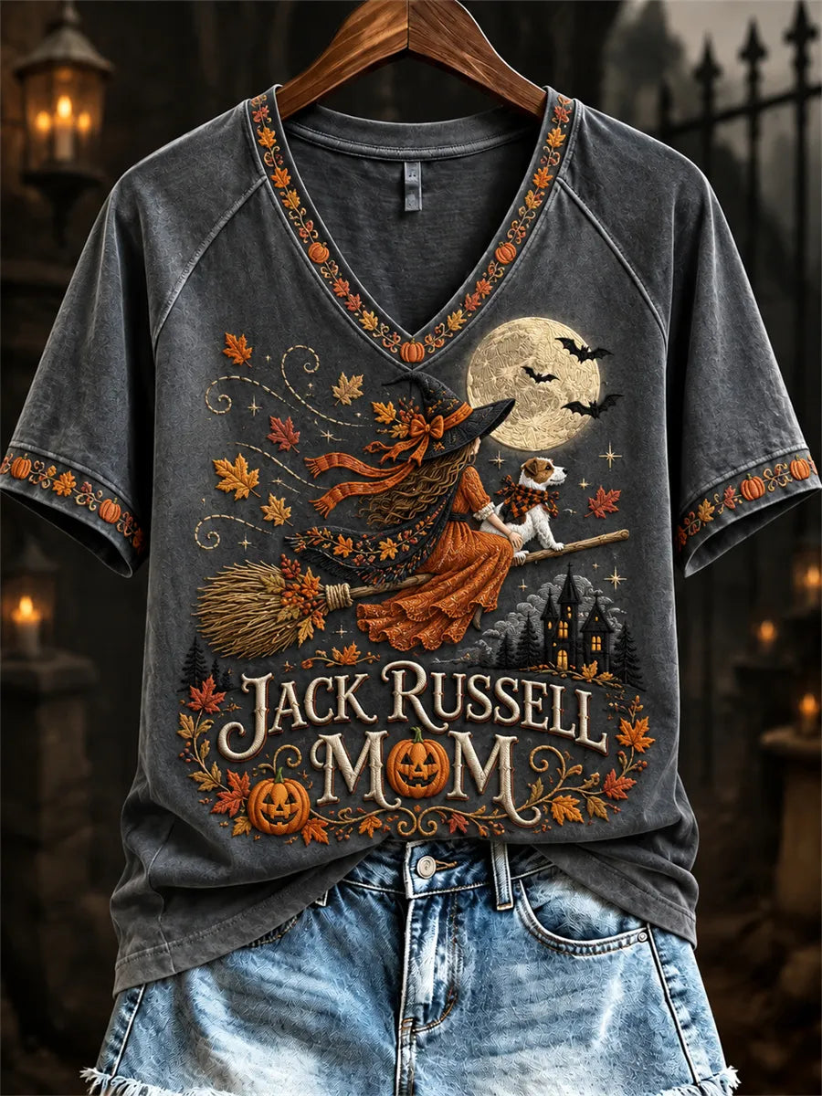 Women's Halloween Fall Jack Russell Mom Witch & Dog Print short-sleeved T-shirt