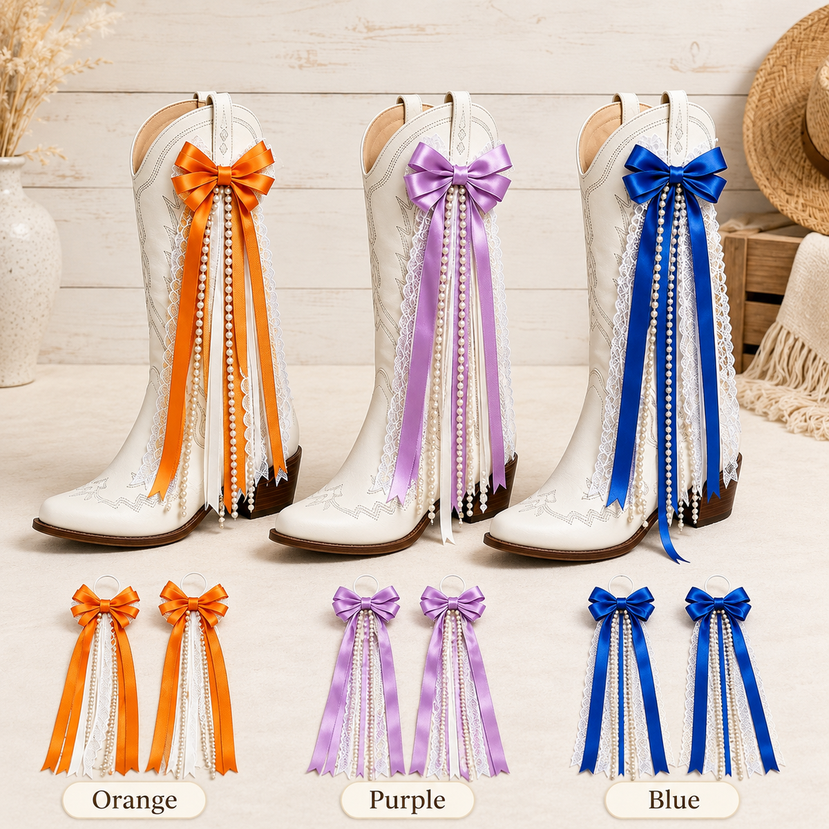 Pair of Pearl and Lace Bows for Cowboy Boots – Detachable Western Boot Accessories for Women