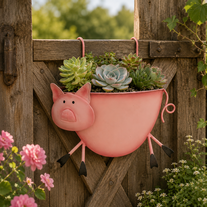 Rustic Farm Animal Metal Fence Planter – Pig, Cow & Rooster Hanging Flower Pot for Garden Decor