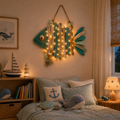 Lighted Coastal Driftwood Fish Wall Decor – Rustic Beach House Hanging Decoration