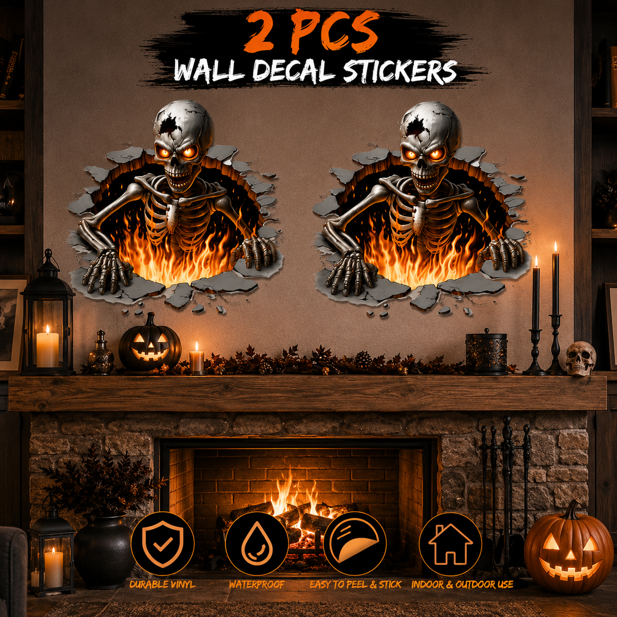 Halloween Skeleton Wall Sticker – 3D Broken Wall Flame Skull Decal for Home, Door & Window Decor