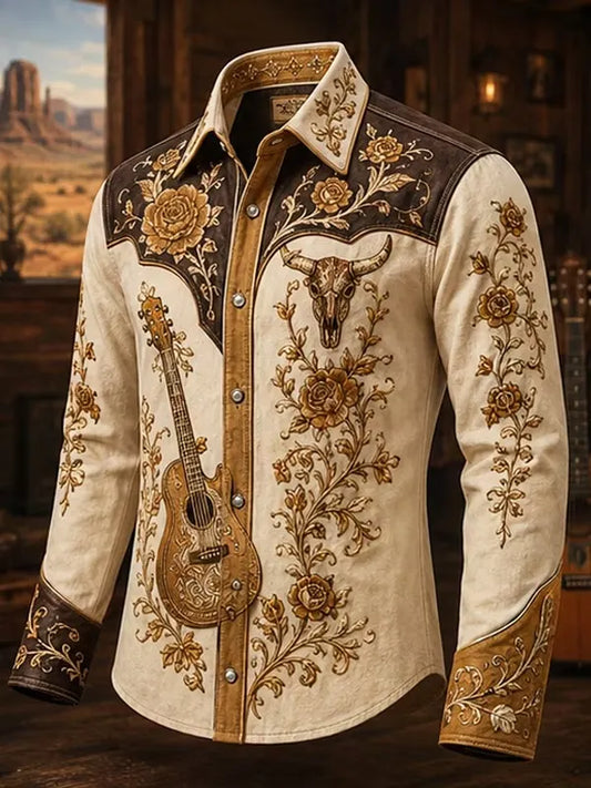 Men's Vintage Western Ornate Electric Guitar With Floral Vines Print Long Sleeve Shirt