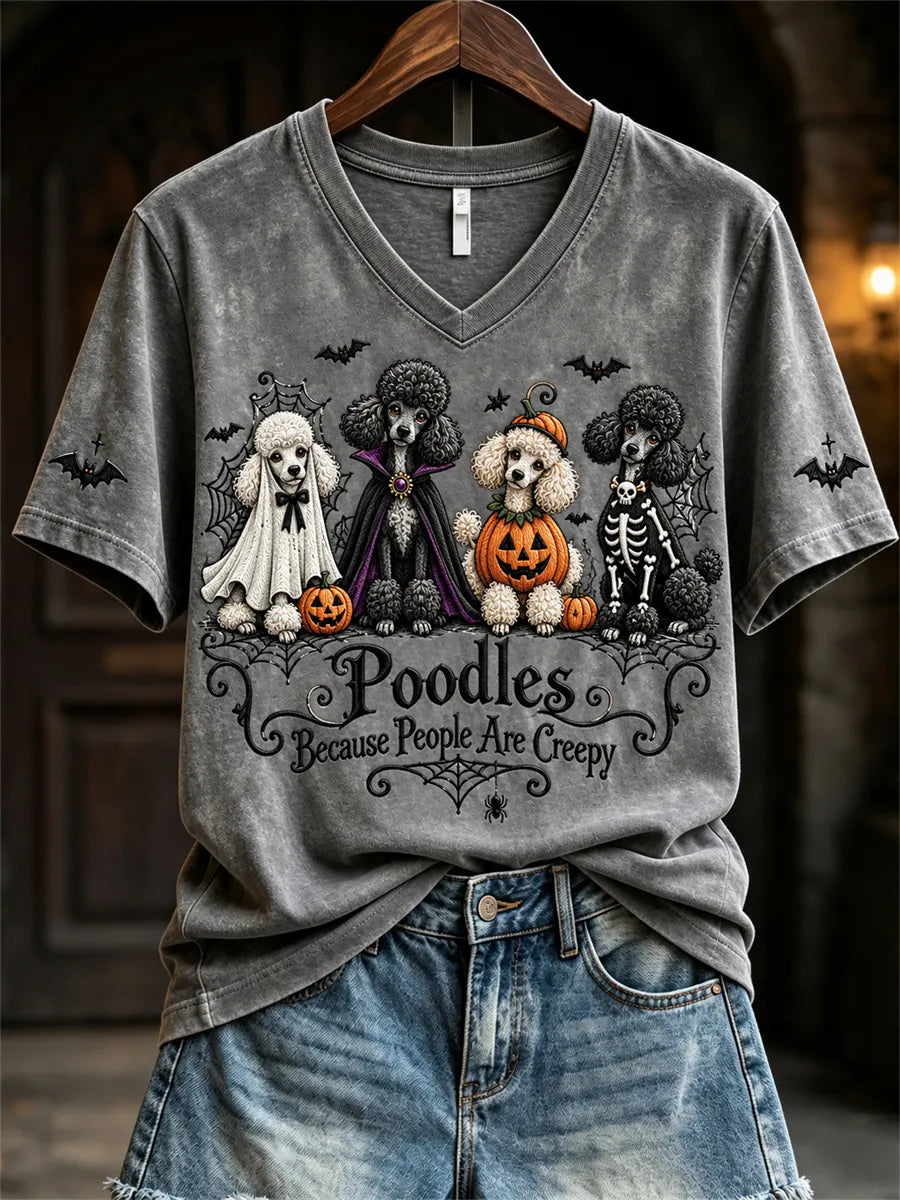 Women's Poodles Because People Are Creepy Halloween Dogs Print short-sleeved T-shirt