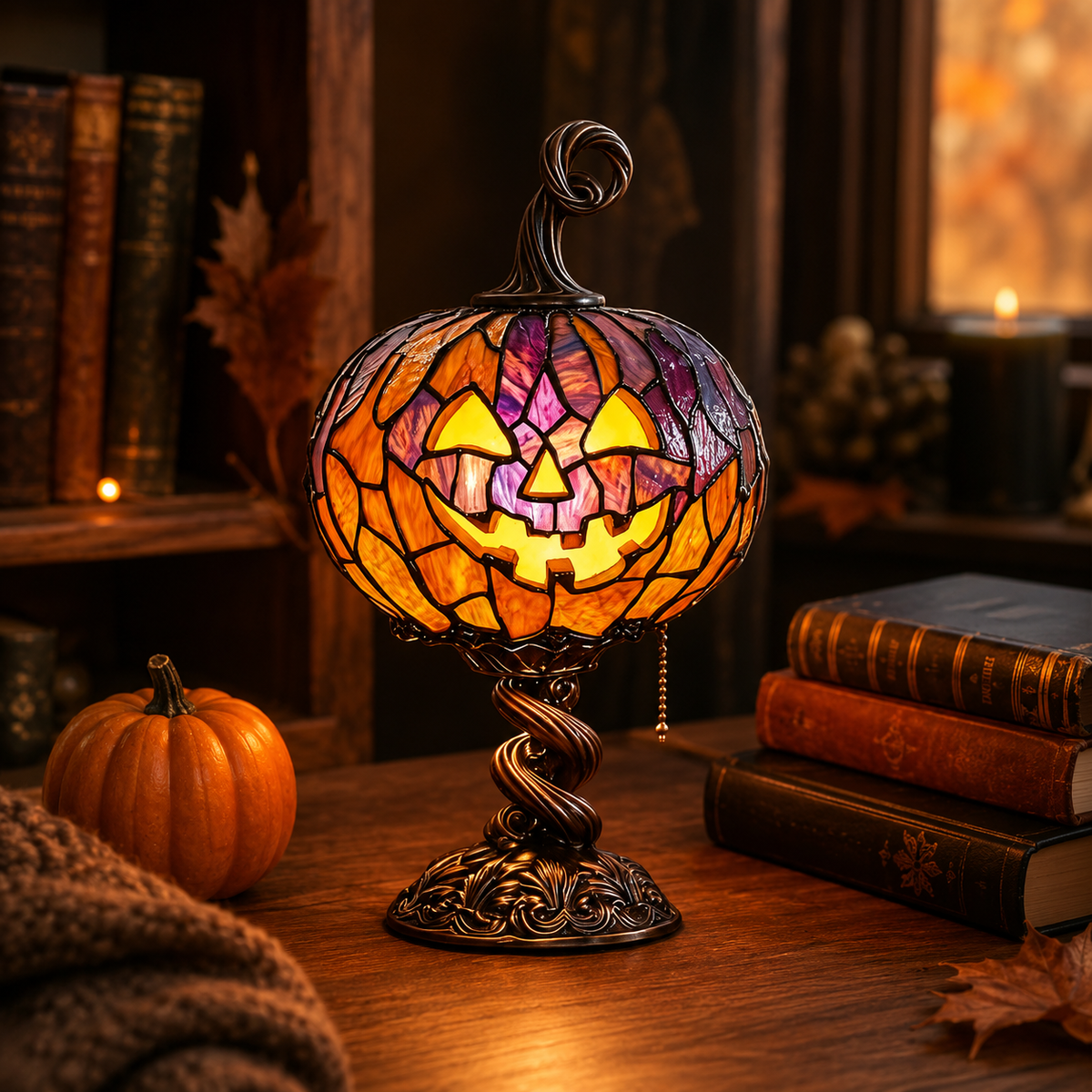 Stained Glass Pumpkin Table Lamp – Vintage Halloween Jack-O’-Lantern Night Light
