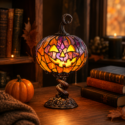 Stained Glass Pumpkin Table Lamp – Vintage Halloween Jack-O’-Lantern Night Light