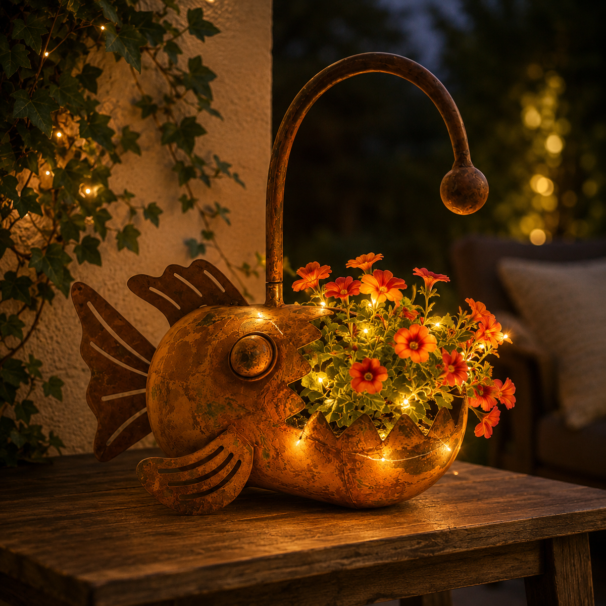 Rustic Metal Fish Planter – Whimsical Anglerfish Flower Pot for Home, Garden & Patio Decor