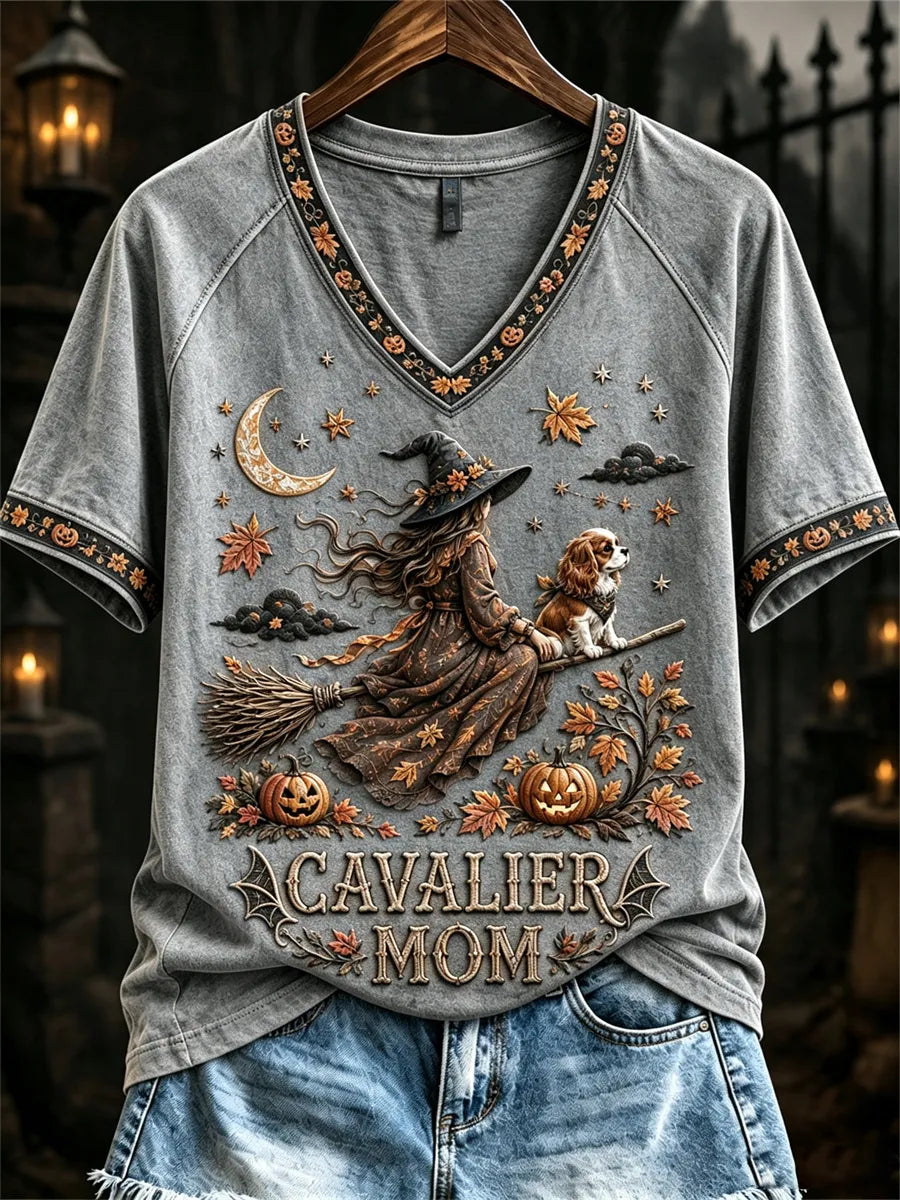 Women's Halloween Fall Cavalier Mom Witch & Dog Print short-sleeved T-shirt