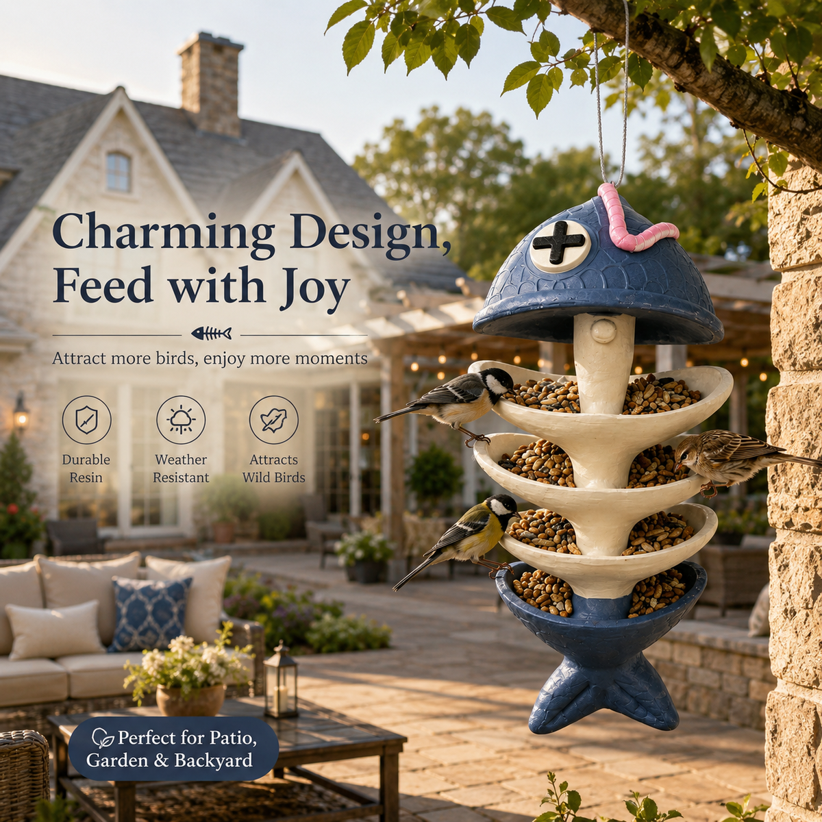 Fishbone Hanging Bird Feeder - Whimsical Outdoor Garden Decor for Bird Lovers