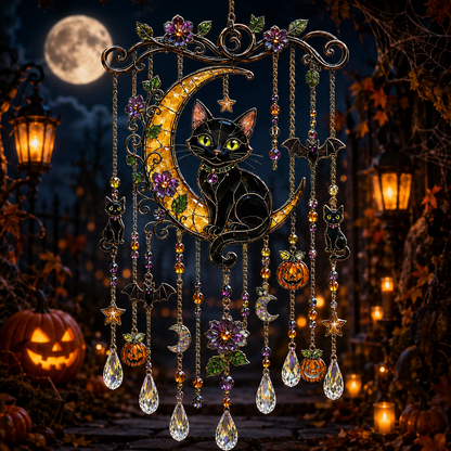Halloween Crystal Wind Chime – Spooky Ghost, Pumpkin & Moon Hanging Decor for Porch, Garden & Window