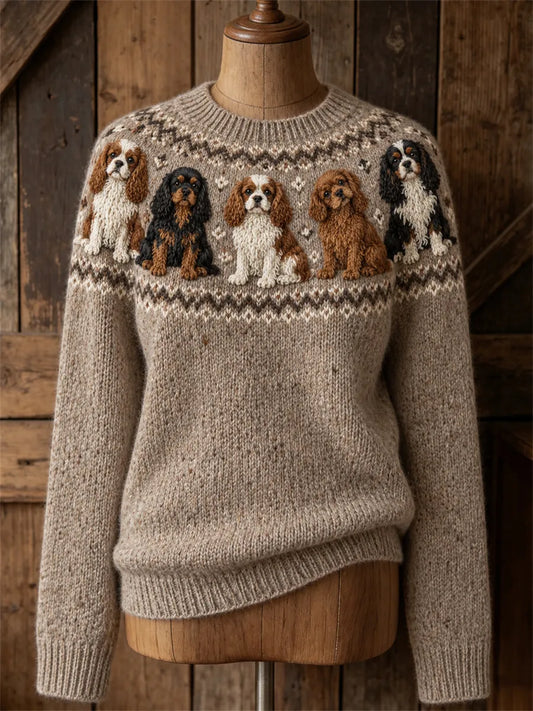 Women's Vintage Cavalier Dogs Yoke Isle Print Cozy crew neck sweater