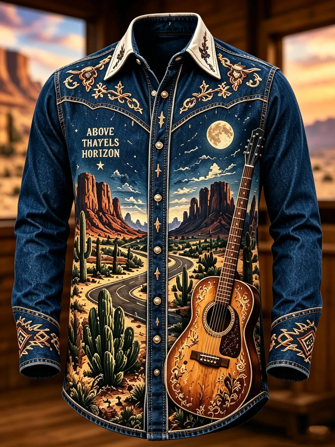 Men's Western Country Music Curly Floral Scroll Border Canyon Prairie Scenery Print Long Sleeve Shirt