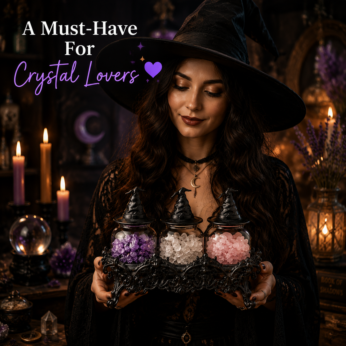 Crystal Apothecary Jar Set with Witch Hat Lids - Gothic Glass Storage Containers for Gemstones, Healing Crystals & Witchy Home Decor