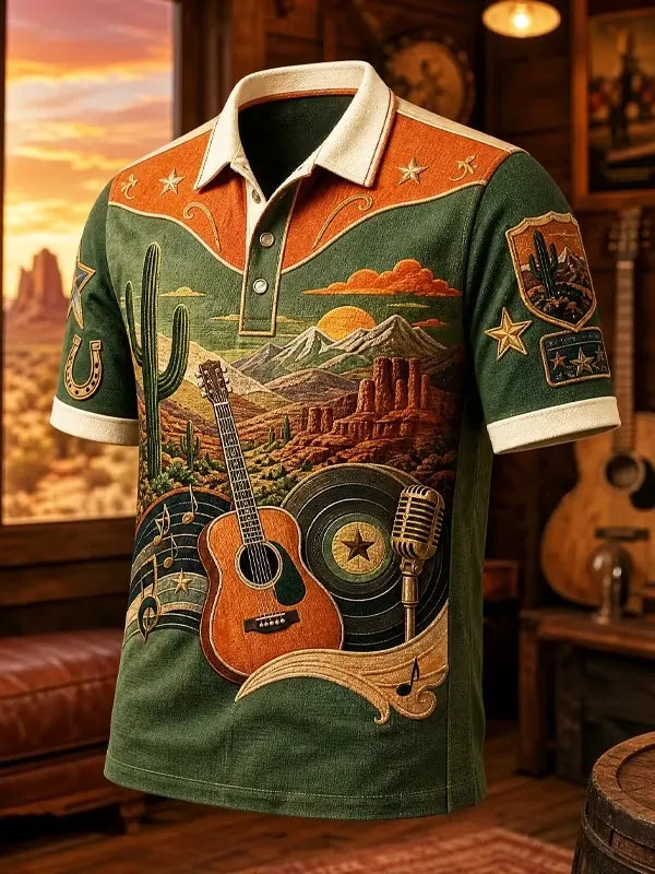 Men's Vintage Western Acoustic Guitar Set Against Desert Scenery Print Polo Shirt