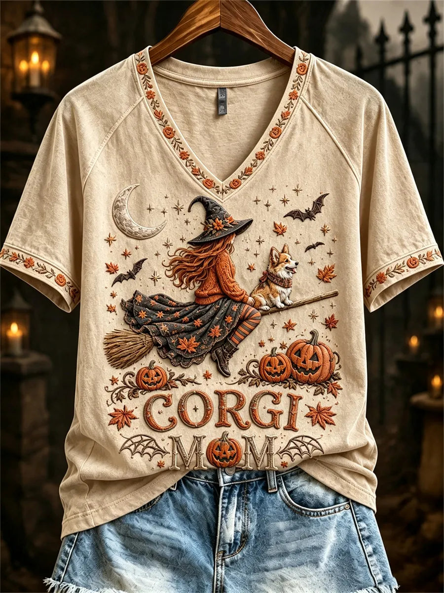 Women's Halloween Fall Corgi Mom Witch & Dog Print short-sleeved T-shirt