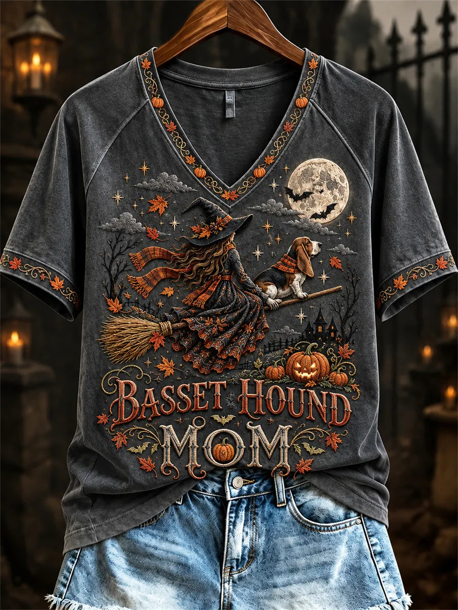Women's Halloween Fall Basset Hound Mom Witch & Dog Print short-sleeved T-shirt