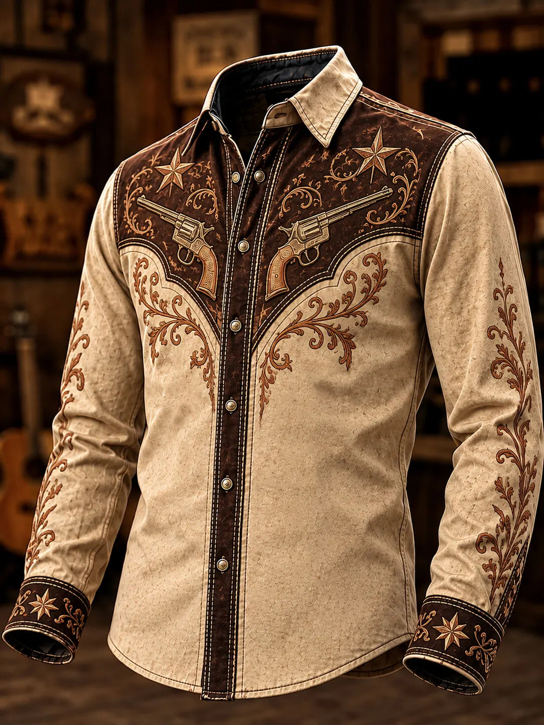 Men's Vintage Western Dual Revolvers With Five Pointed Stars Floral Print Long Sleeve Shirt
