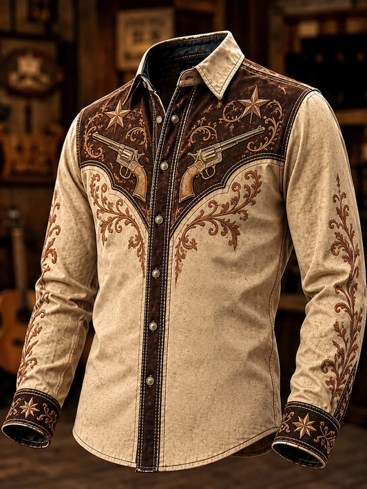 Men's Vintage Western Dual Revolvers With Five Pointed Stars Floral Print Long Sleeve Shirt
