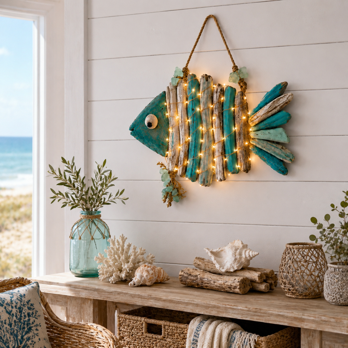 Lighted Coastal Driftwood Fish Wall Decor – Rustic Beach House Hanging Decoration