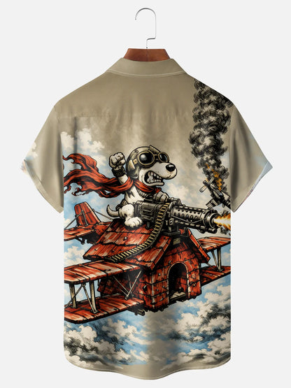 Moisture-Wicking Abstract Airplane & Dog Pattern and Chest Pocket Holiday Hawaiian Shirt