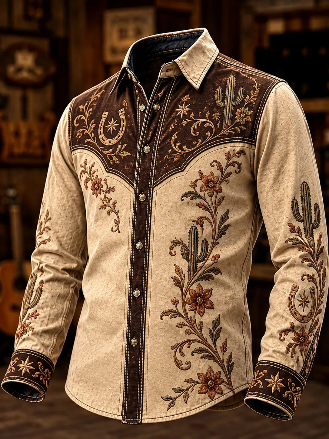 Men's Vintage Western Saguaro Cactus And Blooming Floral Vine Print Long Sleeve Shirt