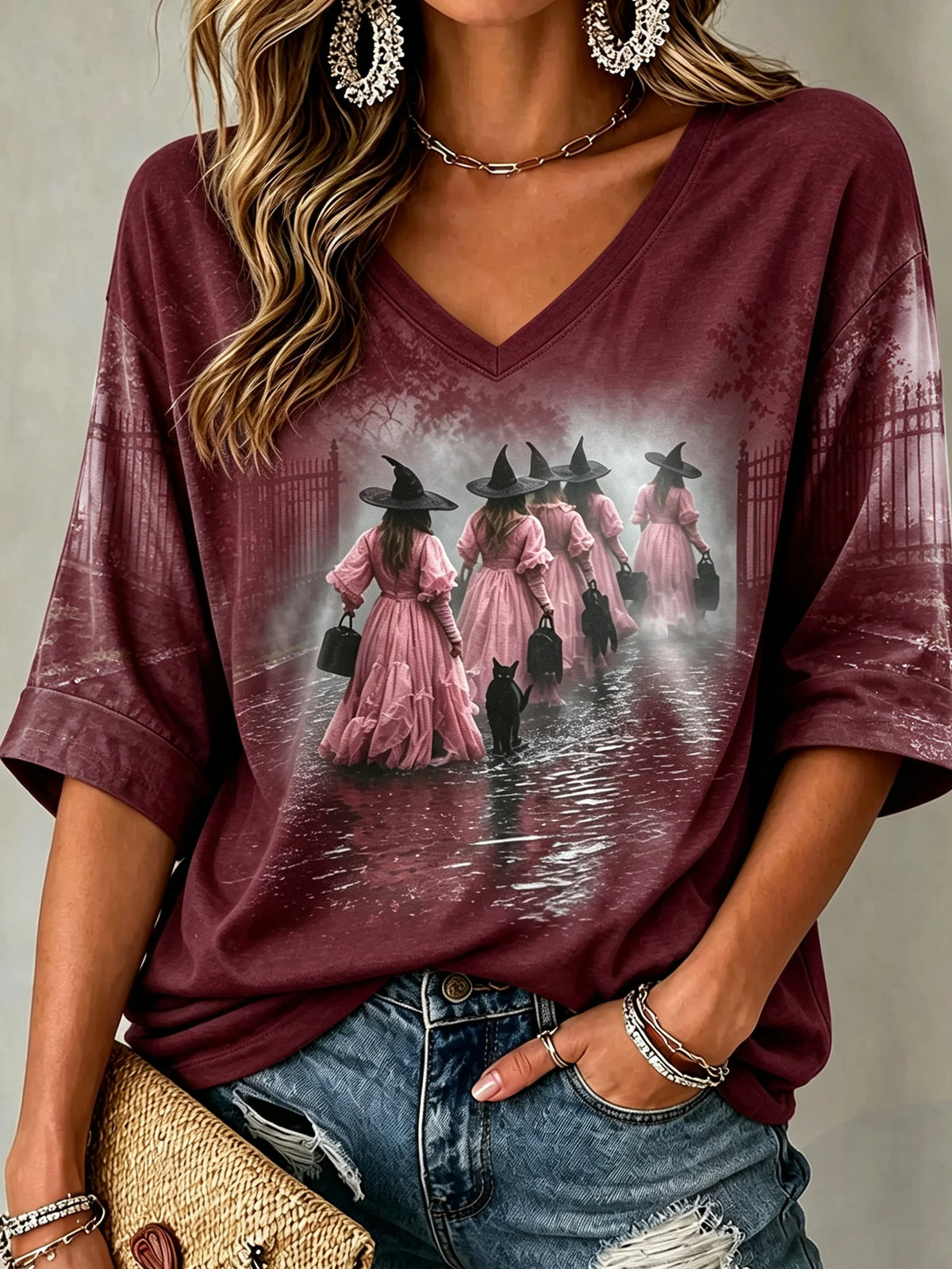 Women's Mysterious Witch and Black Cat Print Top