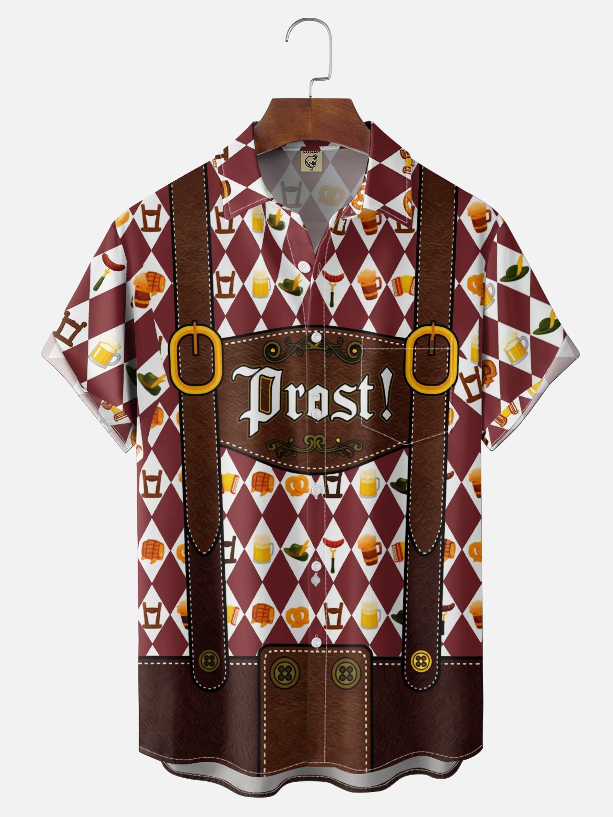 Moisture-Wicking Gradient Oktoberfest Bartender Beer & Pretzel Print  Chest Pocket Hawaiian Shirt
