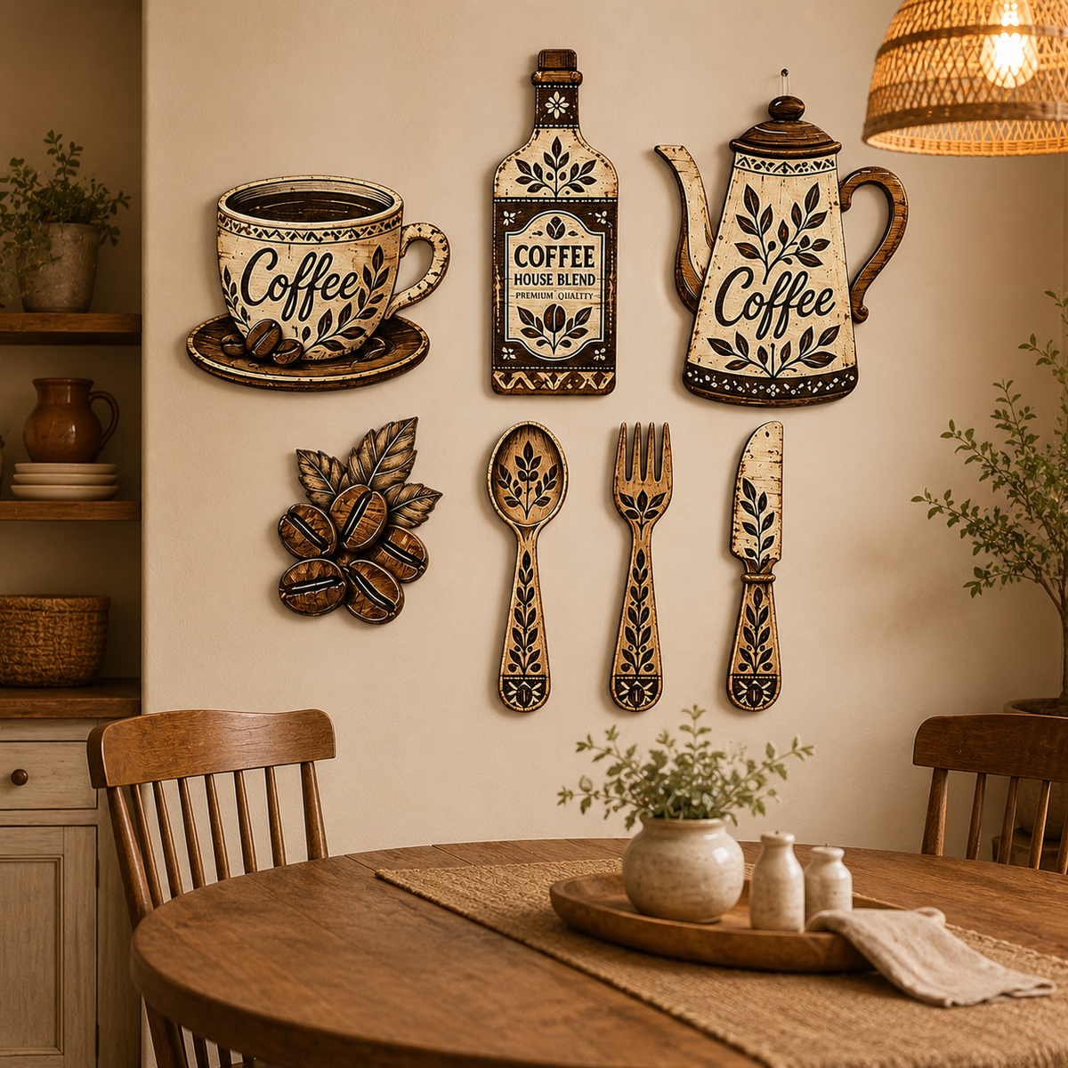 7-Piece Rustic Coffee Wall Art Set – Farmhouse Kitchen and Café Decoration