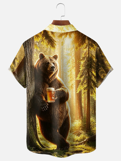 Moisture-wicking Brown Bear Fun Beer Chest Pocket Hawaiian Shirt