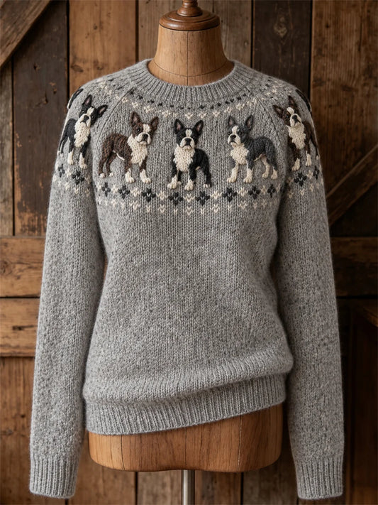 Women's Vintage Terrier Dogs Yoke Isle Print crew neck sweater