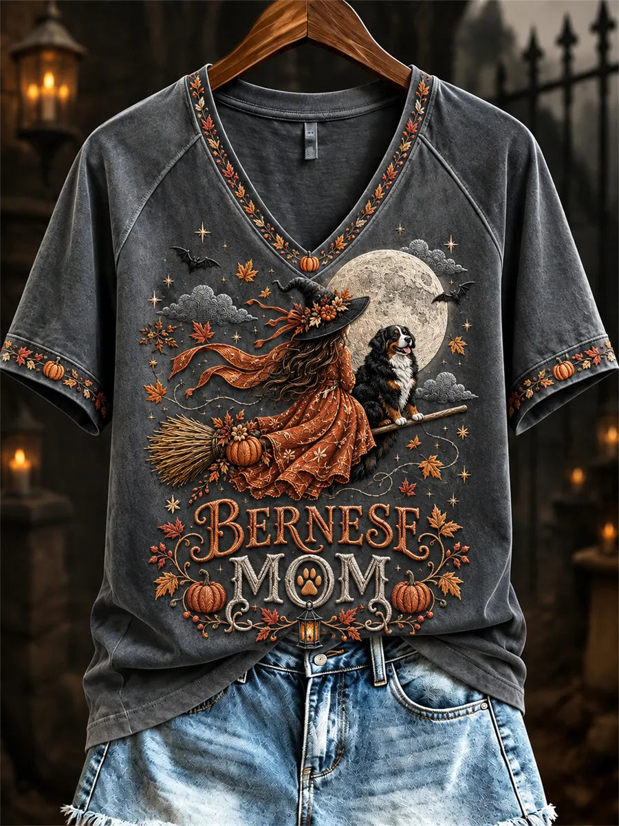 Women's Halloween Fall Bernese Mom Witch & Dog Print short-sleeved T-shirt