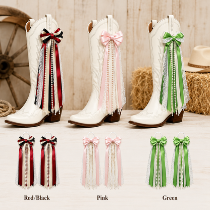 Pair of Pearl and Lace Bows for Cowboy Boots – Detachable Western Boot Accessories for Women