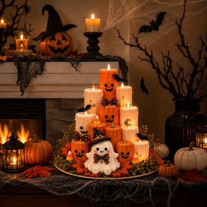 Flameless LED Ghost Halloween Tabletop Decoration | Stacked Faux-Wax Tower