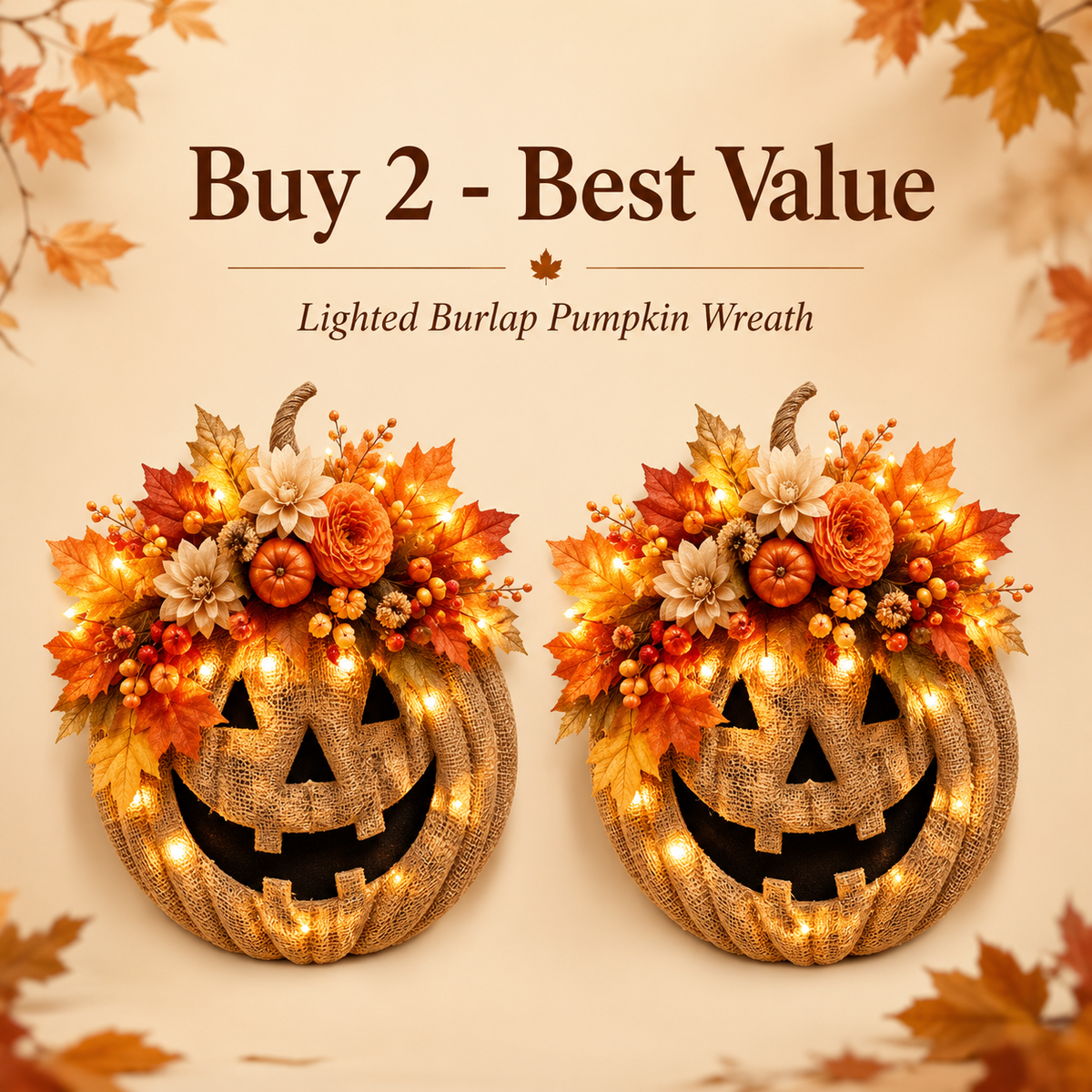 Lighted Burlap Pumpkin Wreath - Farmhouse Fall Halloween Door Decor