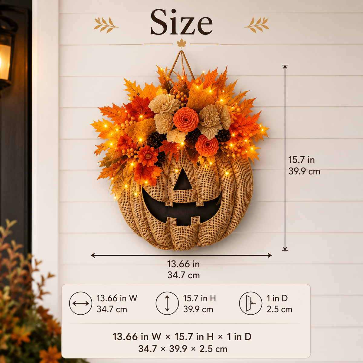 Lighted Burlap Pumpkin Wreath - Farmhouse Fall Halloween Door Decor