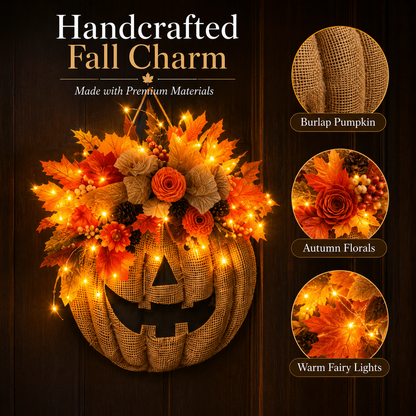 Lighted Burlap Pumpkin Wreath - Farmhouse Fall Halloween Door Decor