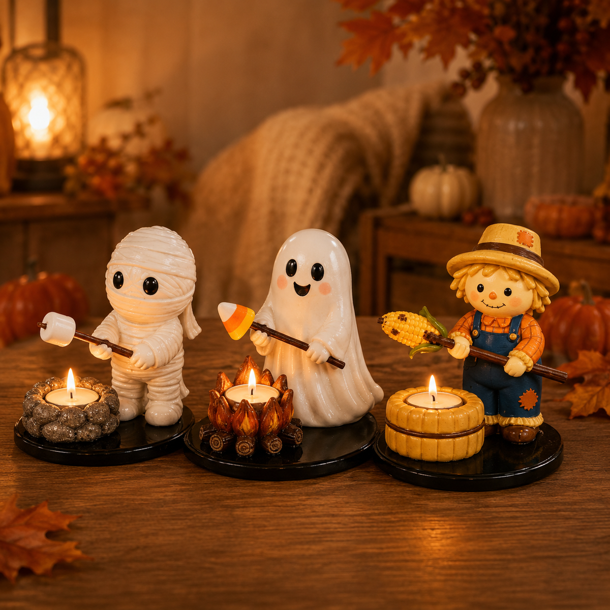 Halloween Campfire Tealight Holder Collection - Cute Ghost, Mummy & Scarecrow Tabletop Decor