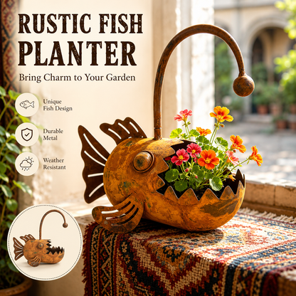 Rustic Metal Fish Planter – Whimsical Anglerfish Flower Pot for Home, Garden & Patio Decor