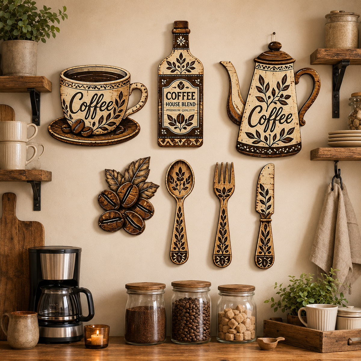 7-Piece Rustic Coffee Wall Art Set – Farmhouse Kitchen and Café Decoration