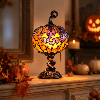 Stained Glass Pumpkin Table Lamp – Vintage Halloween Jack-O’-Lantern Night Light